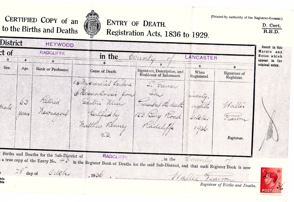 Harry Garner's death ctfct 1936