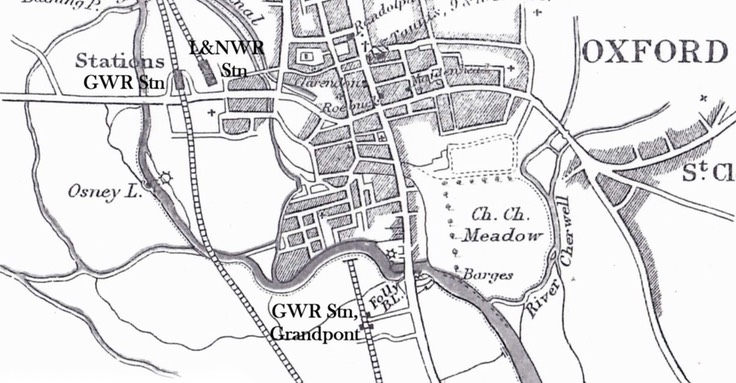 Oxford map showing how close the Grandpont station was to Folly Bridge.